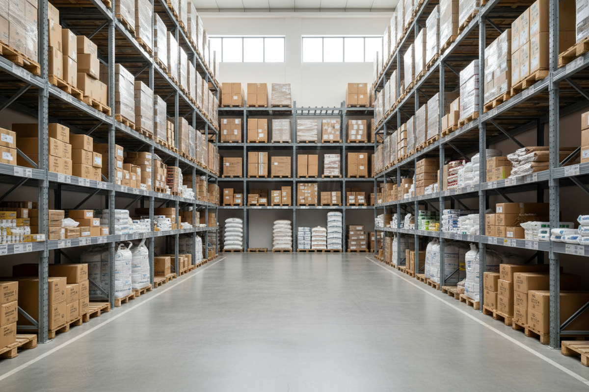 A modern wholesale warehouse interior in india, clean and well organized, showing stacked cartons and bulk product packaging on industrial shelves, neutral colors, soft natural lighting, professional and minimal aesthetic, b2b wholesale marketplace vibe, no people, no branding, high resolution, realistic photography
