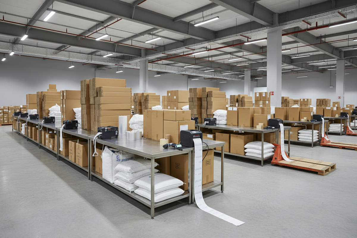 Bulk order fulfillment area inside a modern Indian warehouse, long packing tables with stacked cartons, labels, barcode scanners, and bulk packaging materials, clean and organized environment, neutral colors, professional B2B wholesale operations, realistic photography, no people, no product branding
