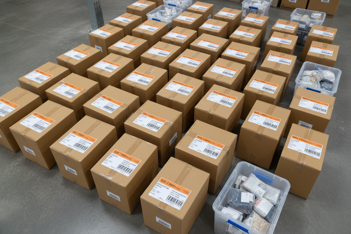 Top down view of bulk packaged products in cartons and containers, representing wholesale sourcing and distribution, neatly arranged boxes, inventory labels, clean industrial workspace, neutral background, professional b2b e commerce marketplace look, realistic lighting, no lifestyle props, no beauty or wellness items
