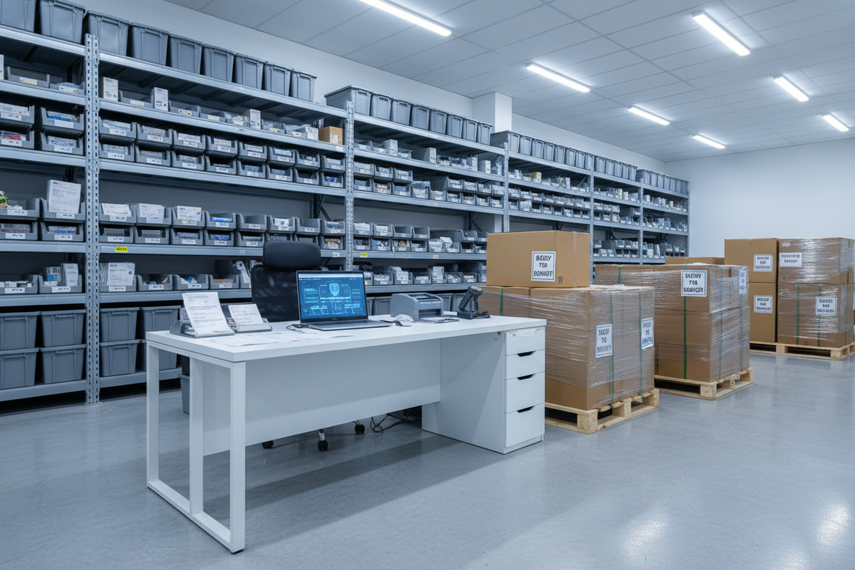 Visual representation of a B2B bulk order workflow, showing inventory shelves, order processing desk with laptop and invoices, packed cartons ready for dispatch, clean warehouse environment, modern wholesale operations in India, professional and minimal style, realistic photography, no people, no branding
