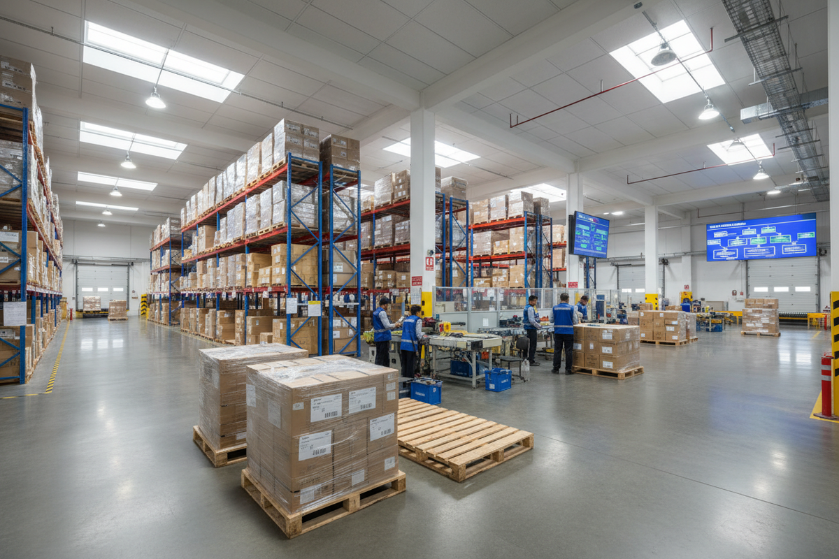 Wholesale distribution workspace showing pallets, sealed cartons, inventory shelves, and logistics preparation, modern warehouse setting in India, soft industrial lighting, clean and minimal composition, B2B bulk supply chain focused, realistic high-resolution photography
