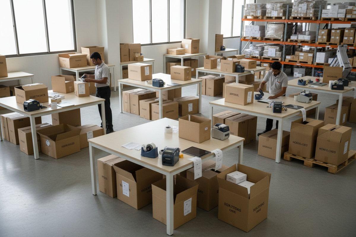 Wholesale order processing workspace with packing tables, cartons, barcode labels, and logistics tools, minimal and organized setup, soft neutral tones, professional bulk fulfillment environment, modern indian warehouse setting, realistic photography, b2b operations focused
